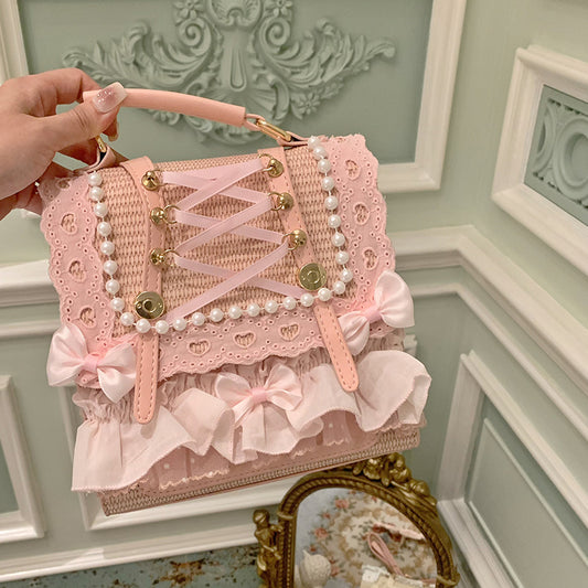 Bow Pearl Ribbon Straw Backpack