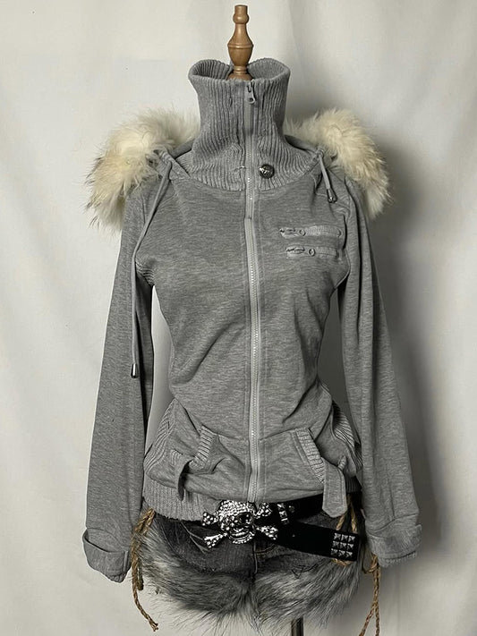 retro gray fur collar hooded jacket