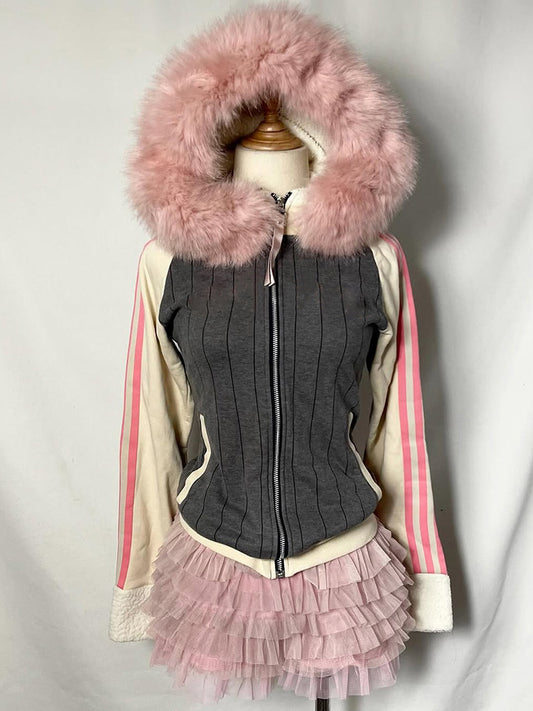 retro gray hooded pink fur collar sweatshirt jacket
