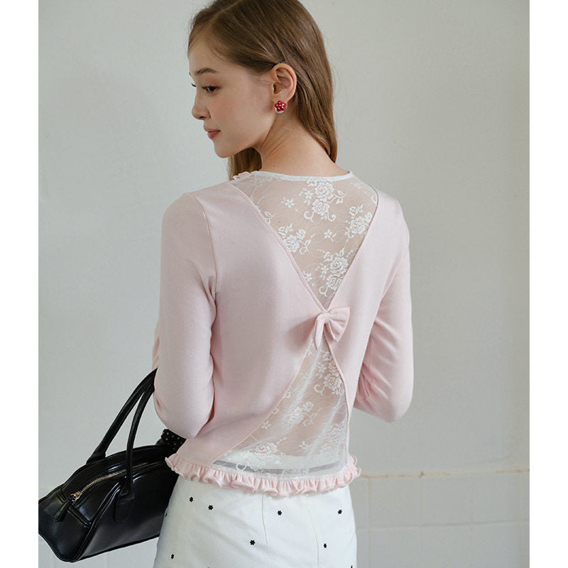 lace back bow long-sleeved top