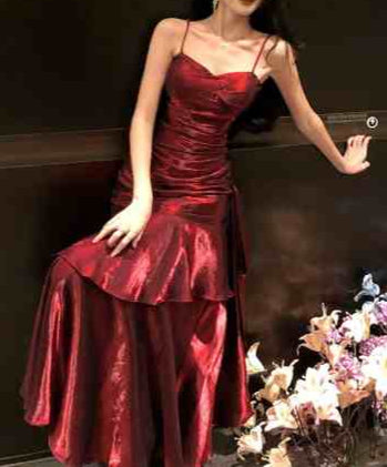 Burgundy Satin Fishtail Prom Dress