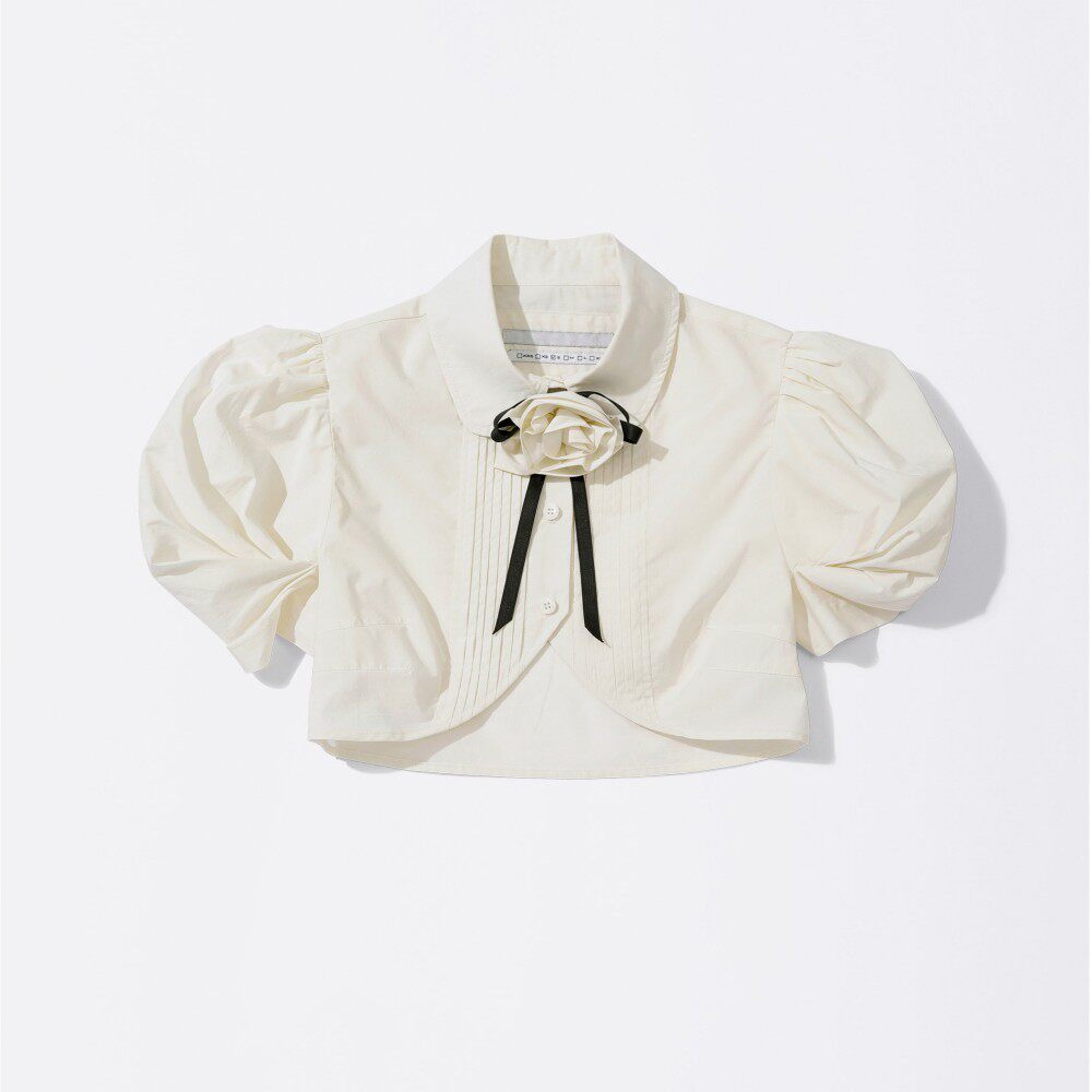 Rose print puff sleeve cropped button-up top