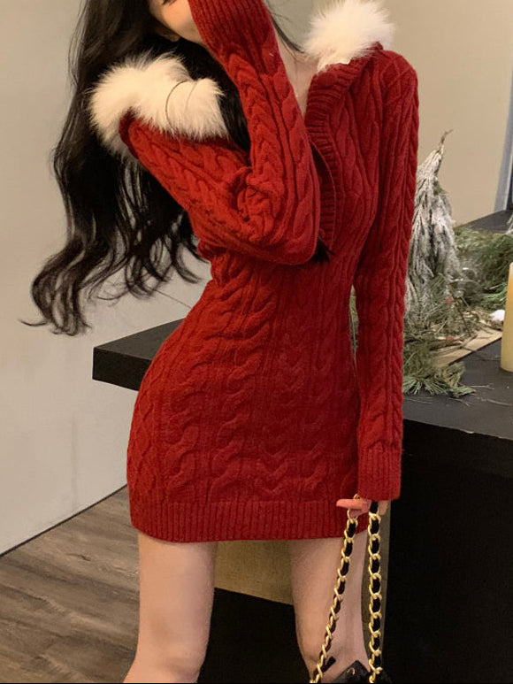 Christmas hooded fur collar knitted dress