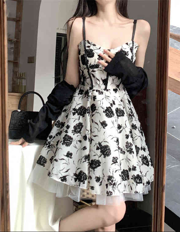 Dark Coquette Rose Floral Suspender Dress