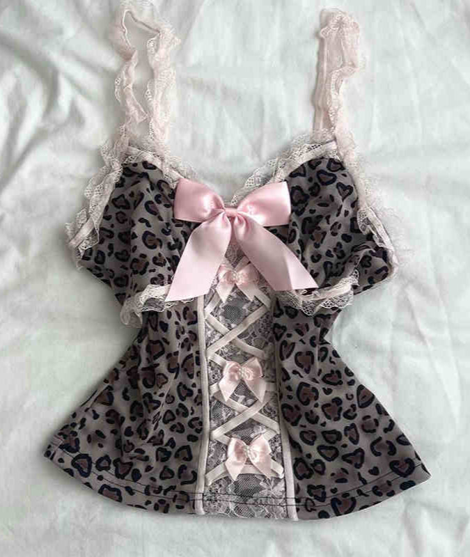 Y2K Pink Bow Leopard Lace Tank Top