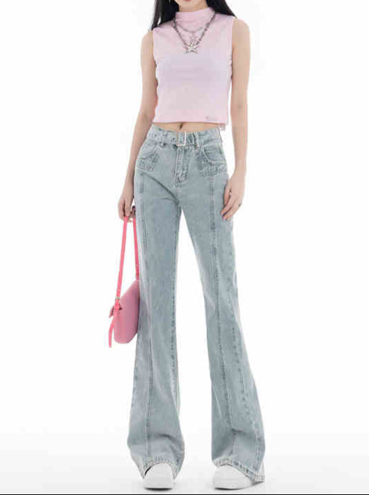 Coquette Light Blue Retro Belt Flare Jeans