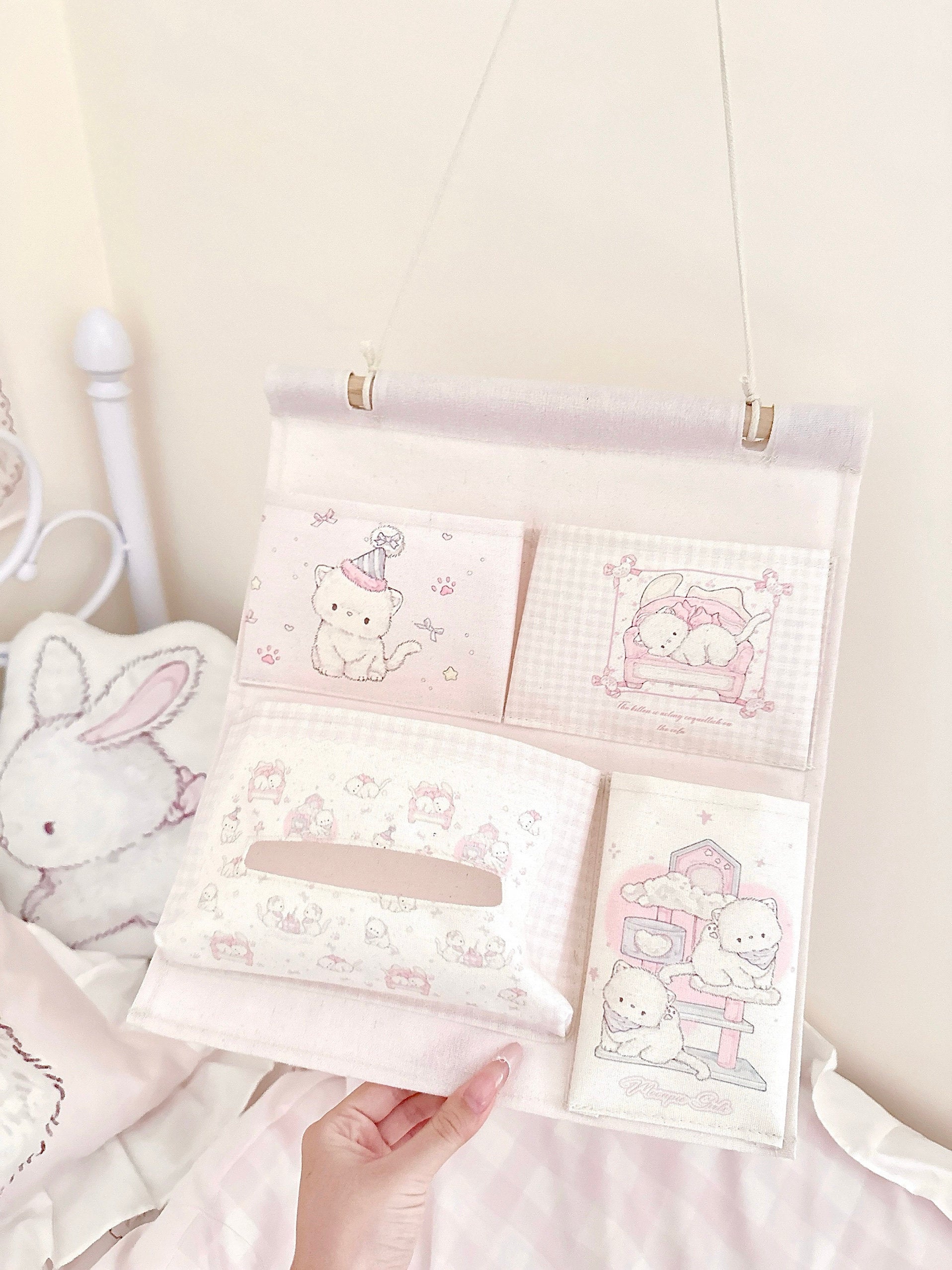kawaii wall-mounted storage bag Purple four-pocket hanging storage bag 30cm*34cm (free punch-free sticky hooks included)