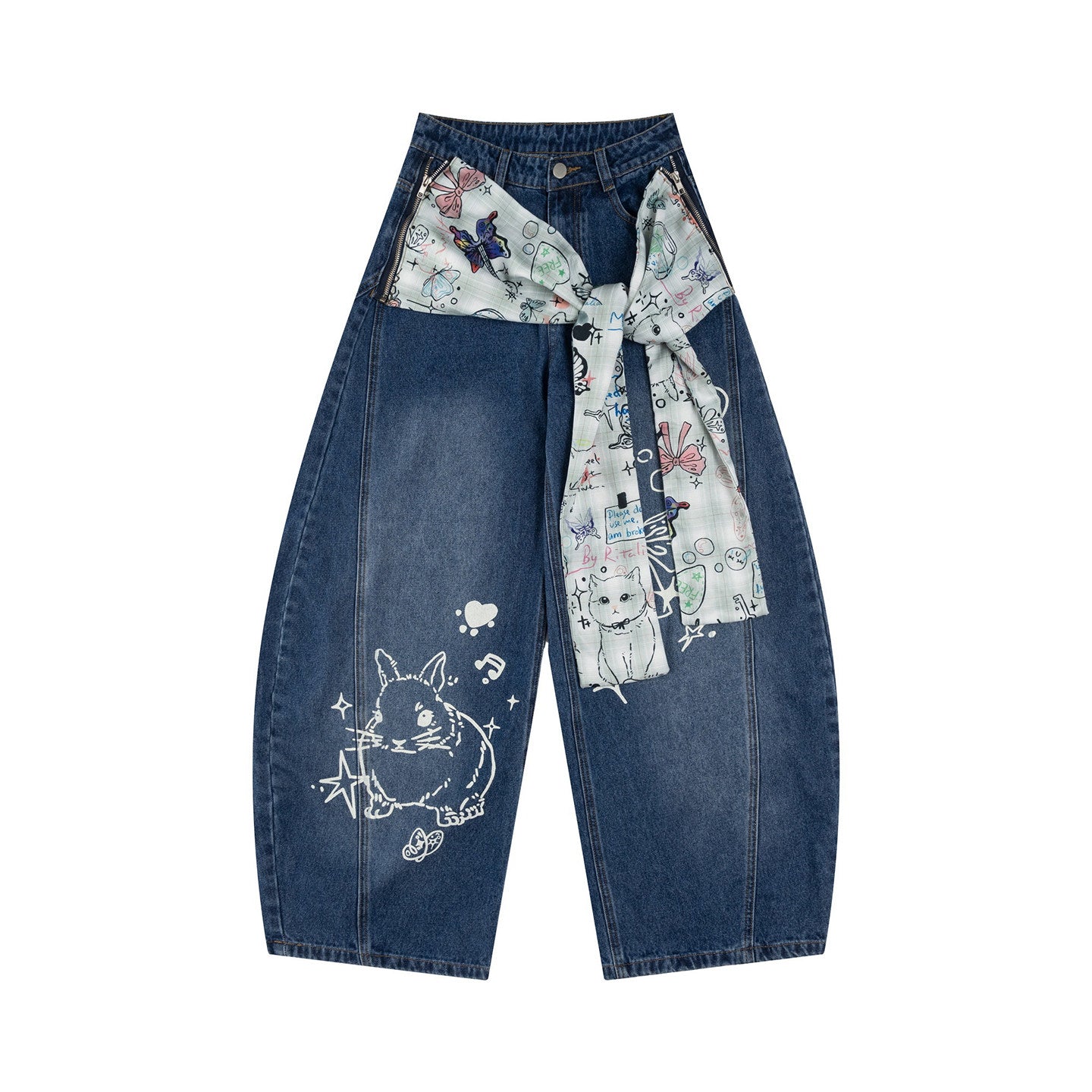 Graffiti strap-detailed curved wide-leg jeans.