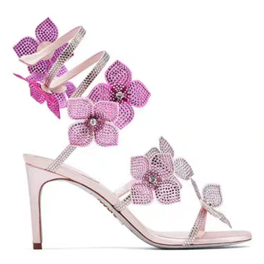 Rhinestone Snake-Wrap Floral High Heels