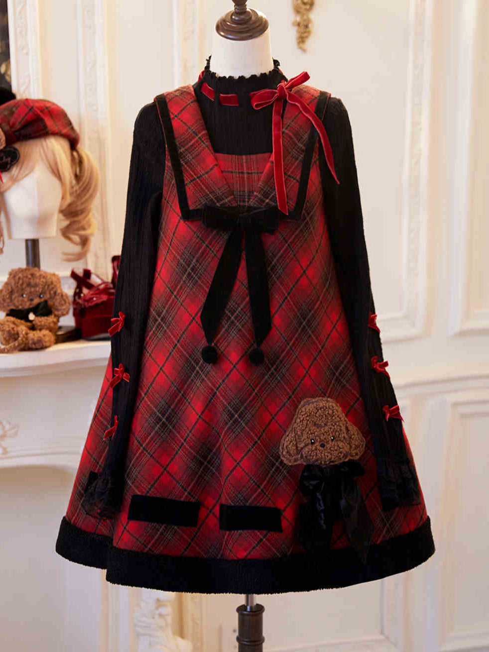 Red Plaid Teddy Dog Embroidered Dress