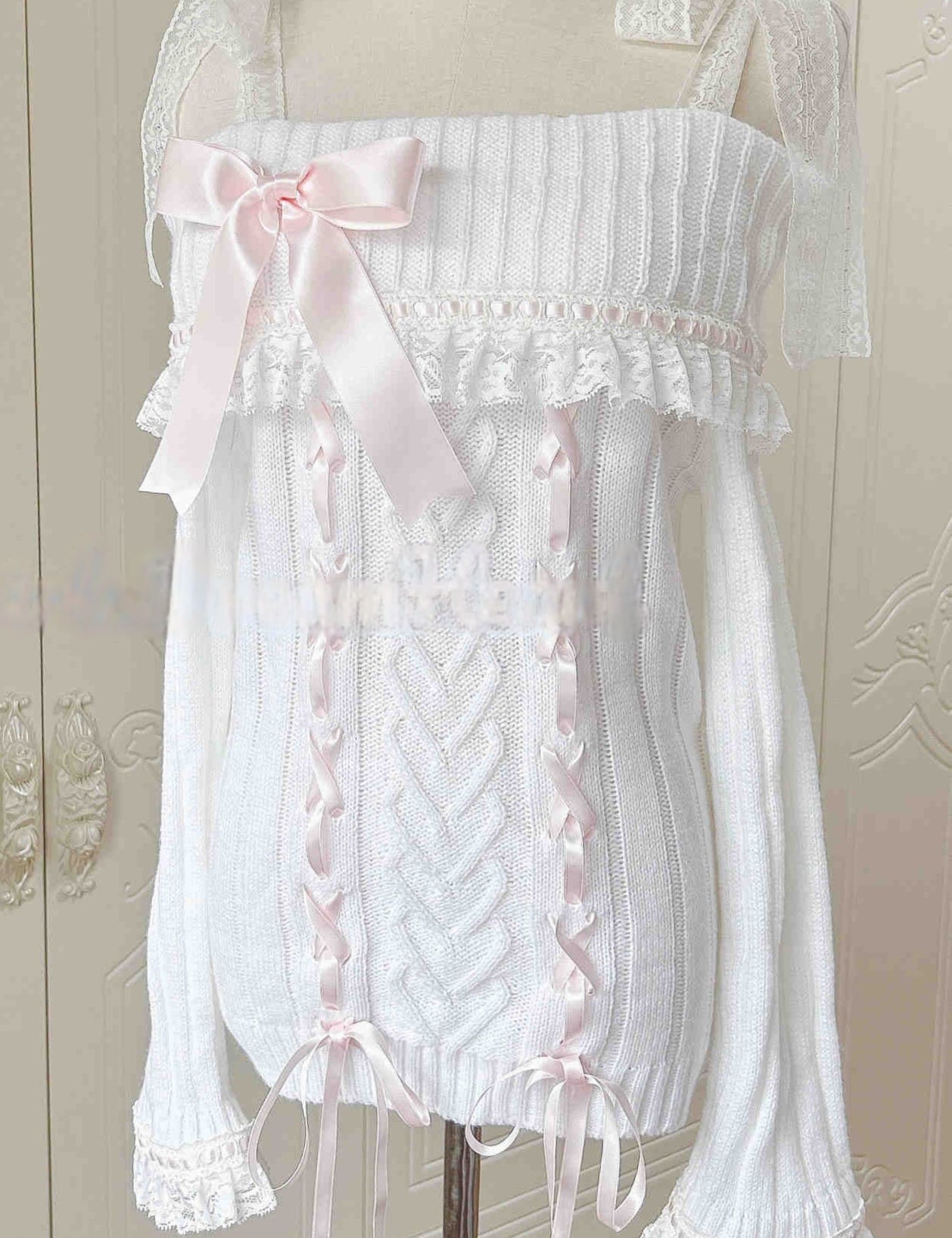 Fairy Retro Lace Bow Off-shoulder Sweater