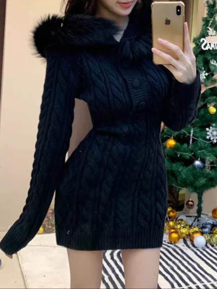 Christmas hooded fur collar knitted dress