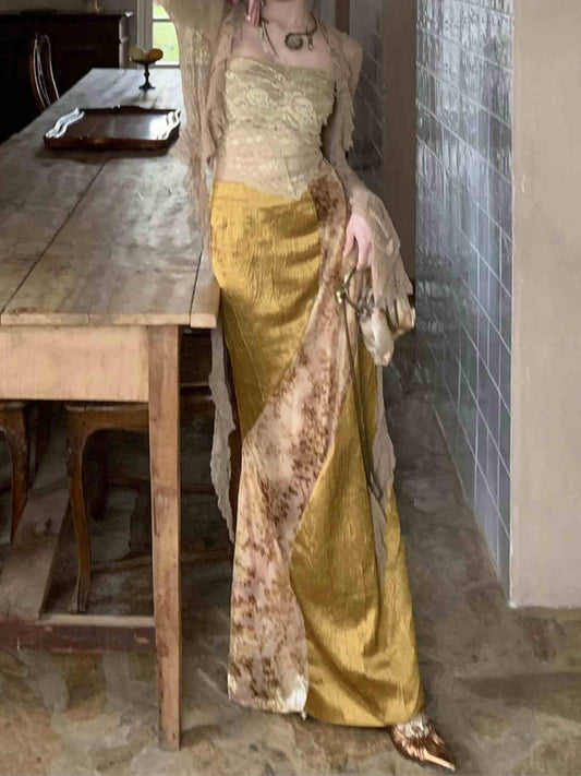 Lace Knitted Stretch Irregular Tube Top + Gold Spliced Skirt Set