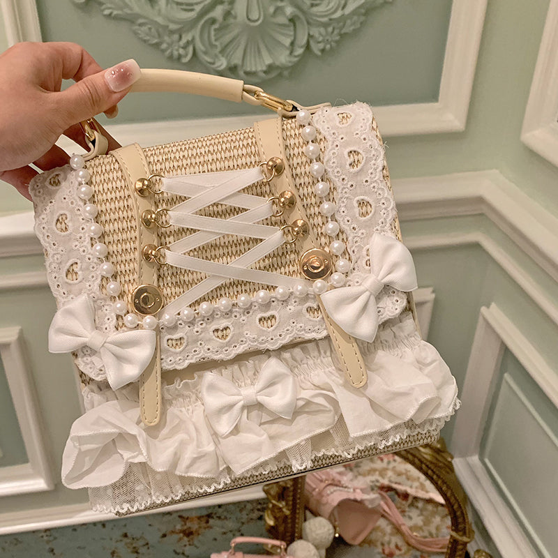 Bow Pearl Ribbon Straw Backpack