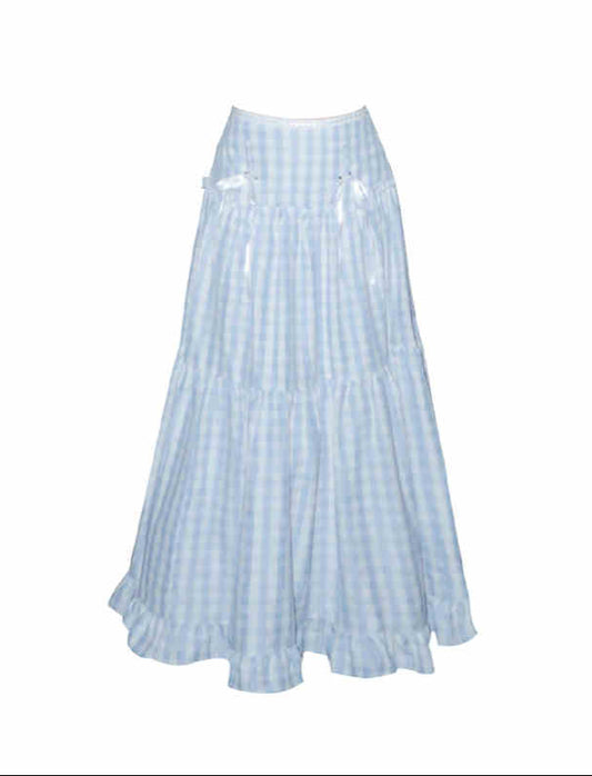 Baby Blue Lace Mid-length Plaid Skirt