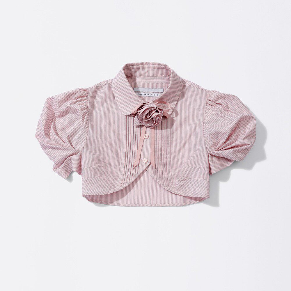 Rose print puff sleeve cropped button-up top