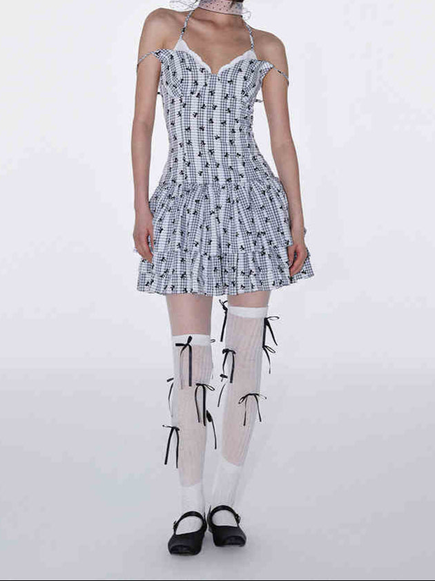 Bows Plaid Double-layer Suspender Puffy Dress