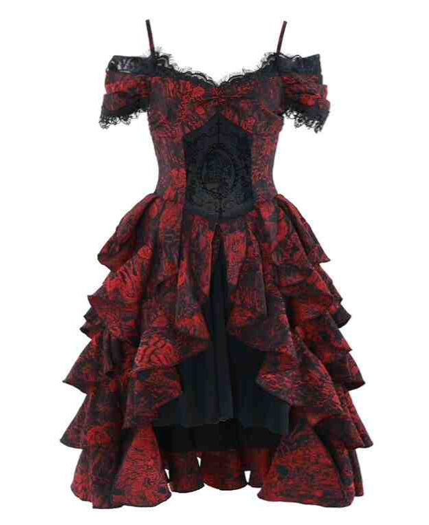 Gothic Black and Red Jacquard Palace Dress