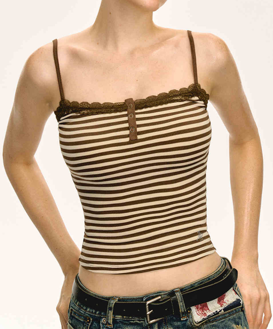 Y2K Retro Lace Striped Tank Top