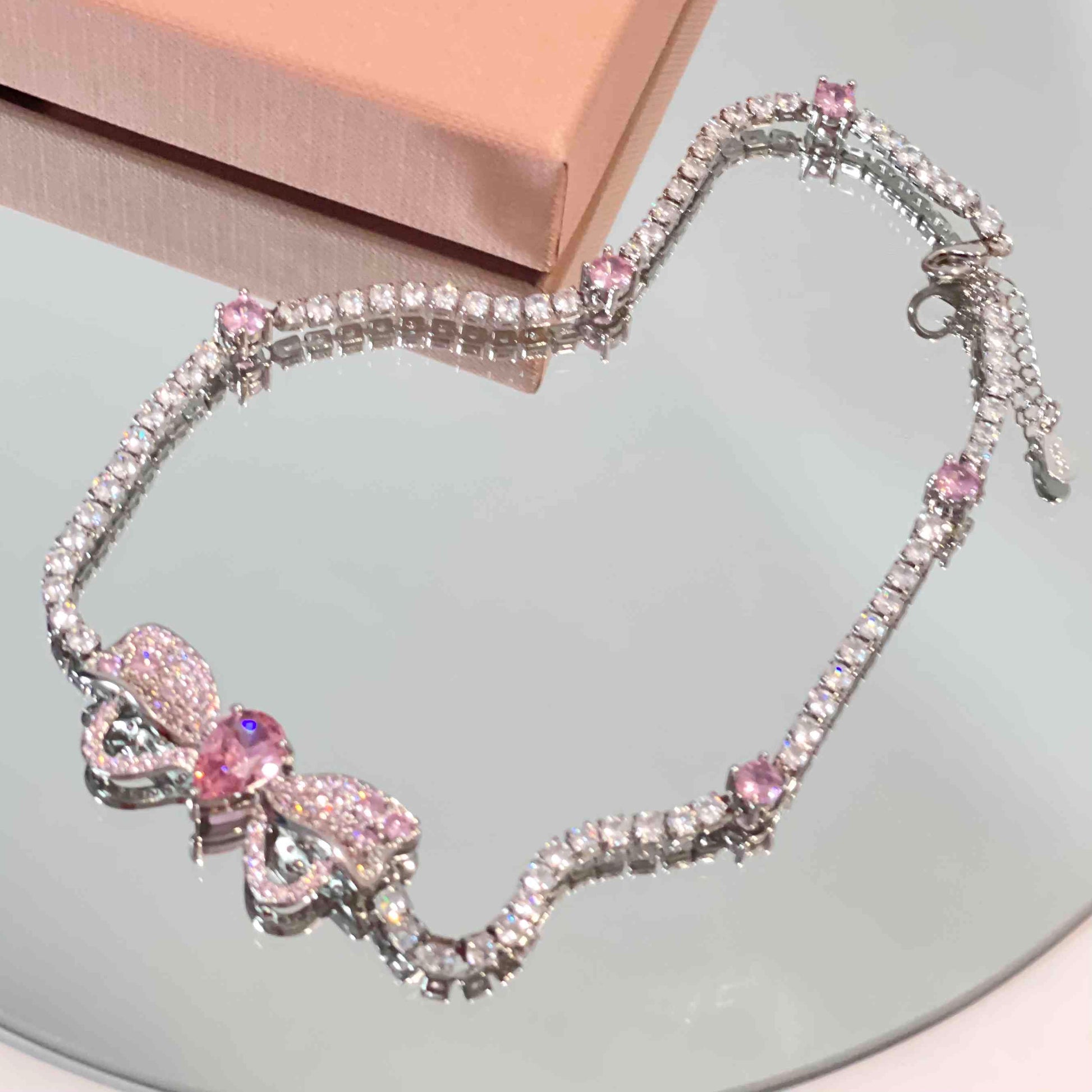 Princess Pink Diamond Bow Earrings Necklace Bracelet