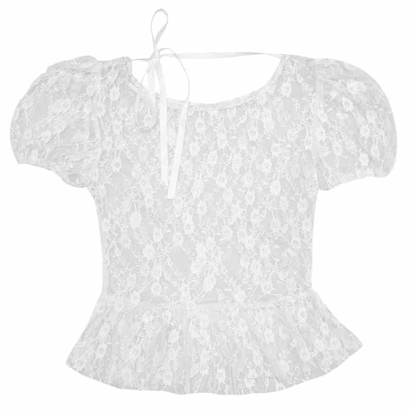 Jacquard Lace Mesh Puff-sleeve Top
