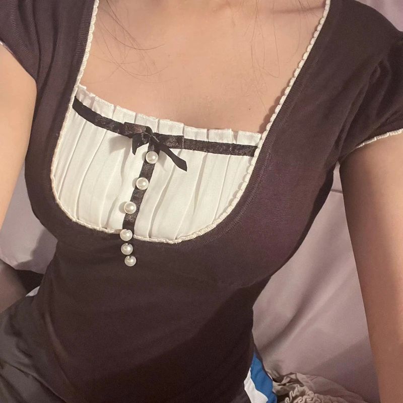 Korean Kawaii Patchwork Women T-shirt Y2K Aesthetic Vintage