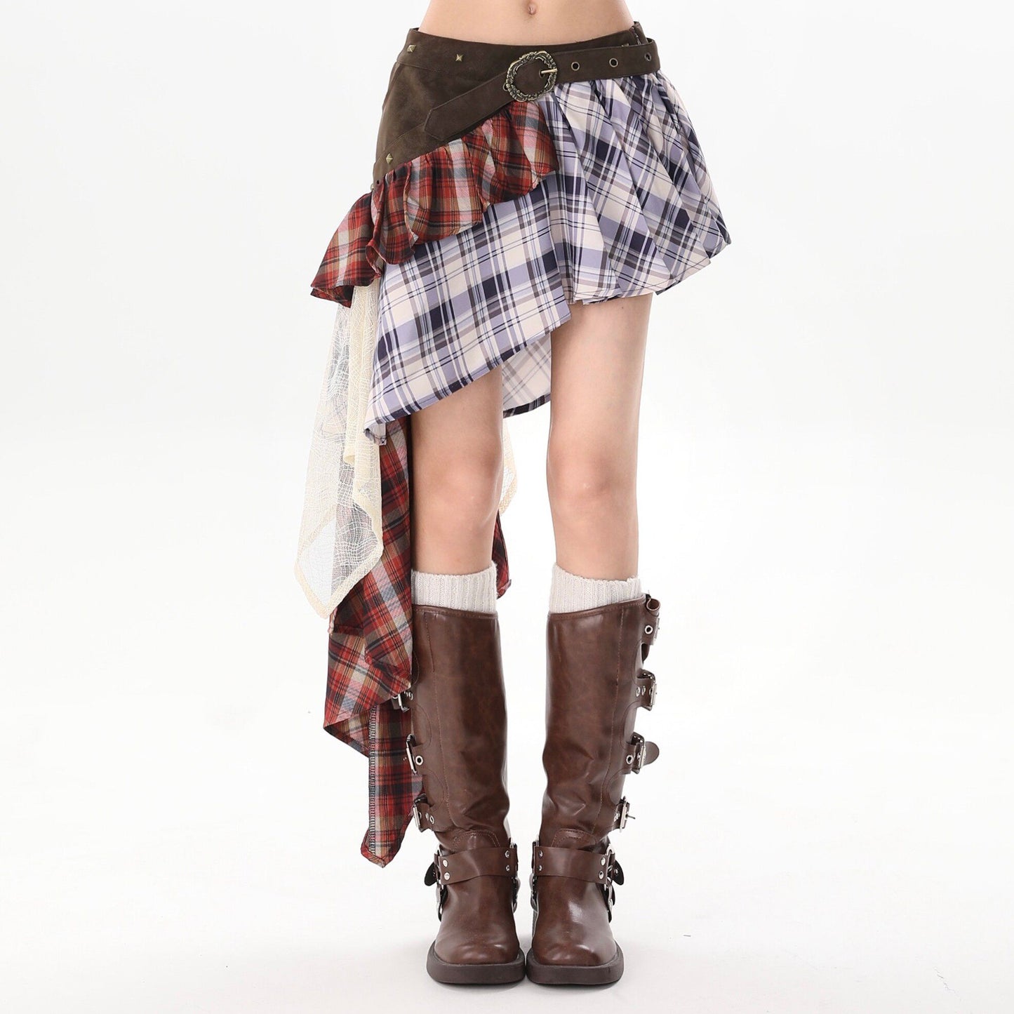 Plaid Patchwork Asymmetrical Mini Skirt