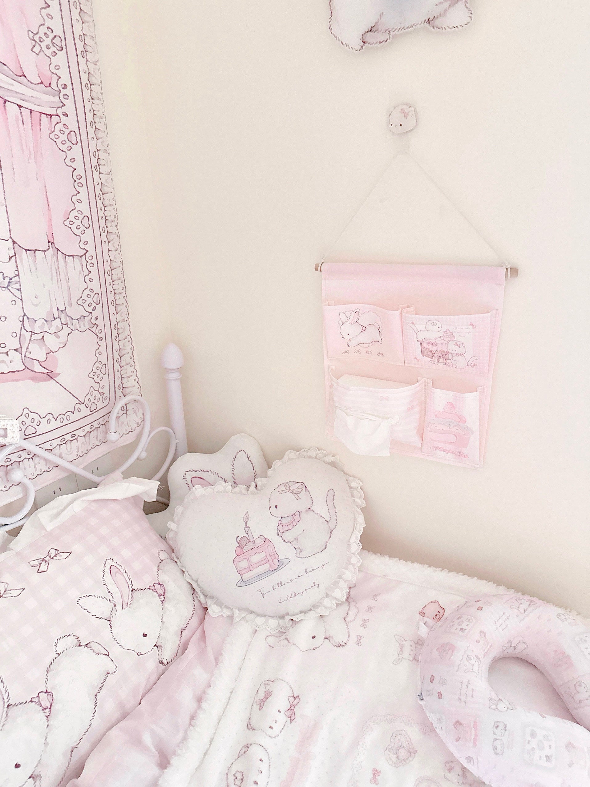 kawaii wall-mounted storage bag Pink four-pocket hanging storage bag 30cm*34cm (free punch-free sticky hooks included)