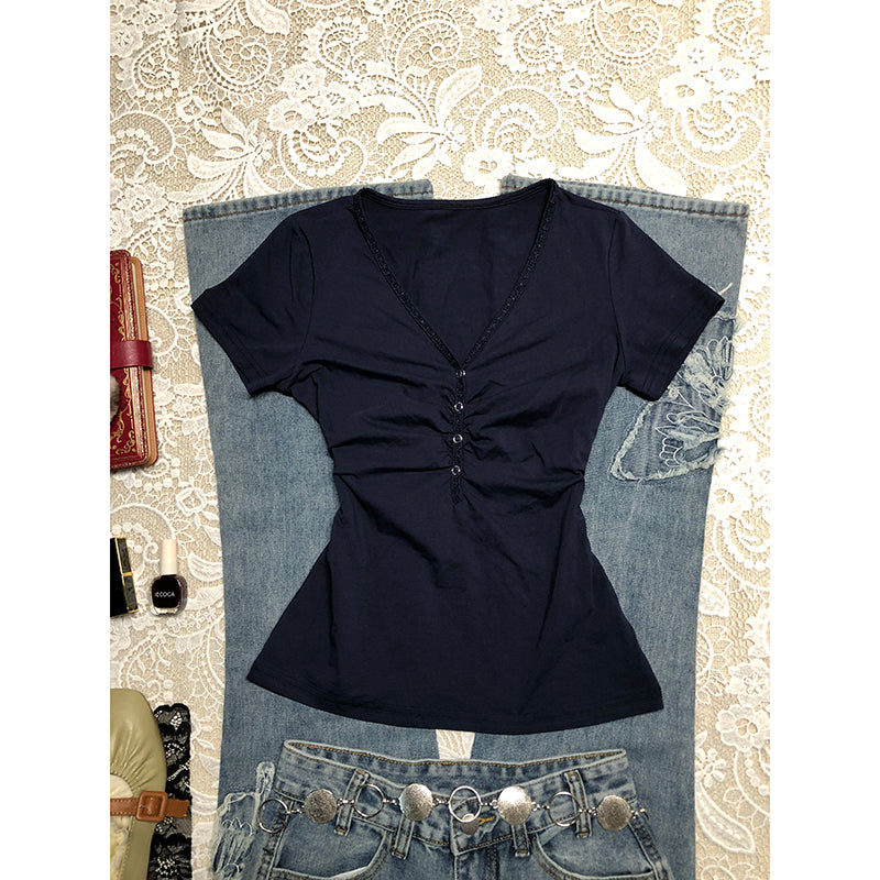 Pleated V-neck T-shirt