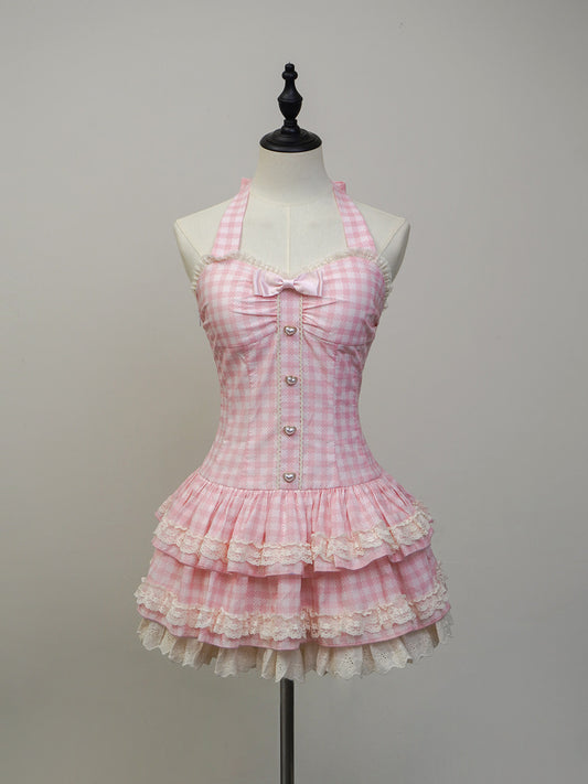 plaid retro cake skirt bow dress