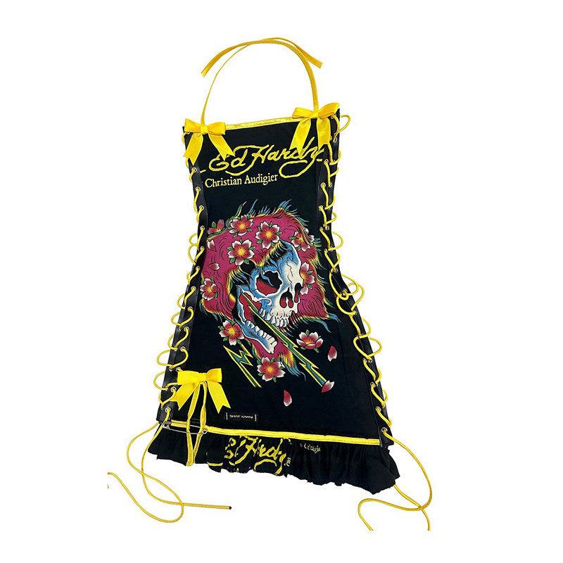Y2K Skull Letter Halter Tie-Up Dress