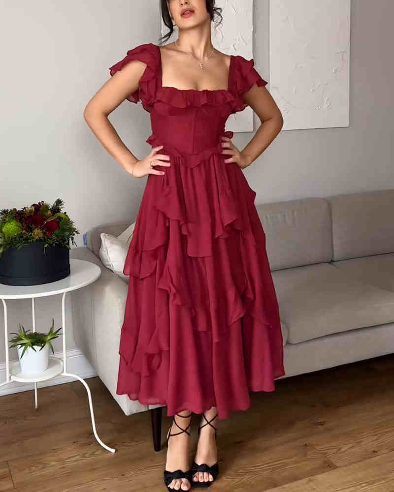 French One-shoulder Ruffled Dress