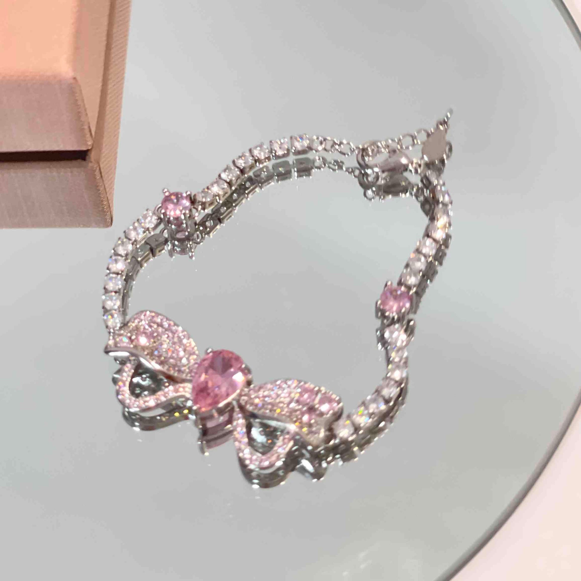 Princess Pink Diamond Bow Earrings Necklace Bracelet