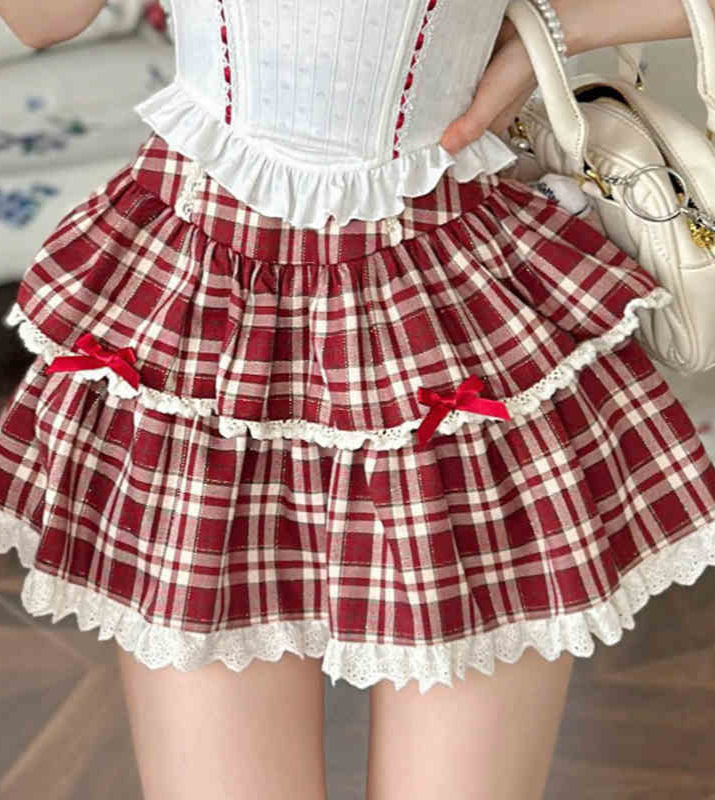 Cherry Red Plaid Lace Cake Dress