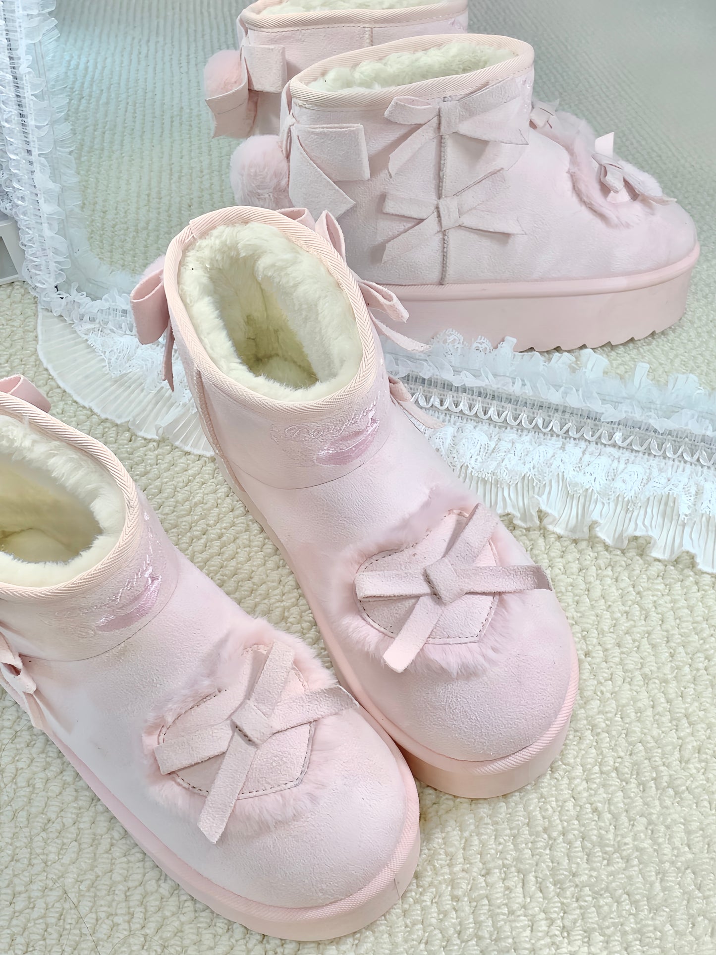 pink velvet heart-knot thick-soled snow boots