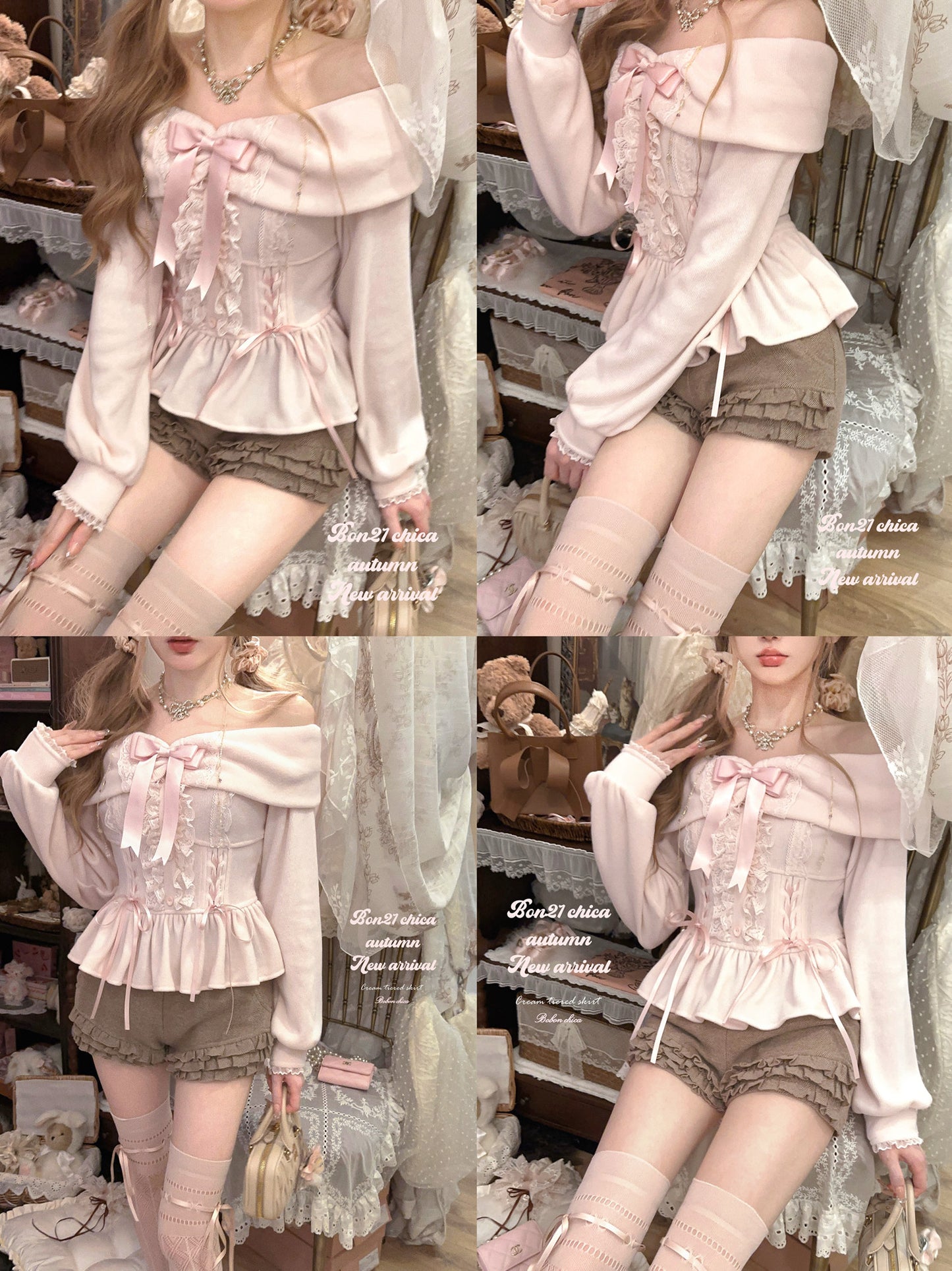 bow off-shoulder knit long-sleeved top