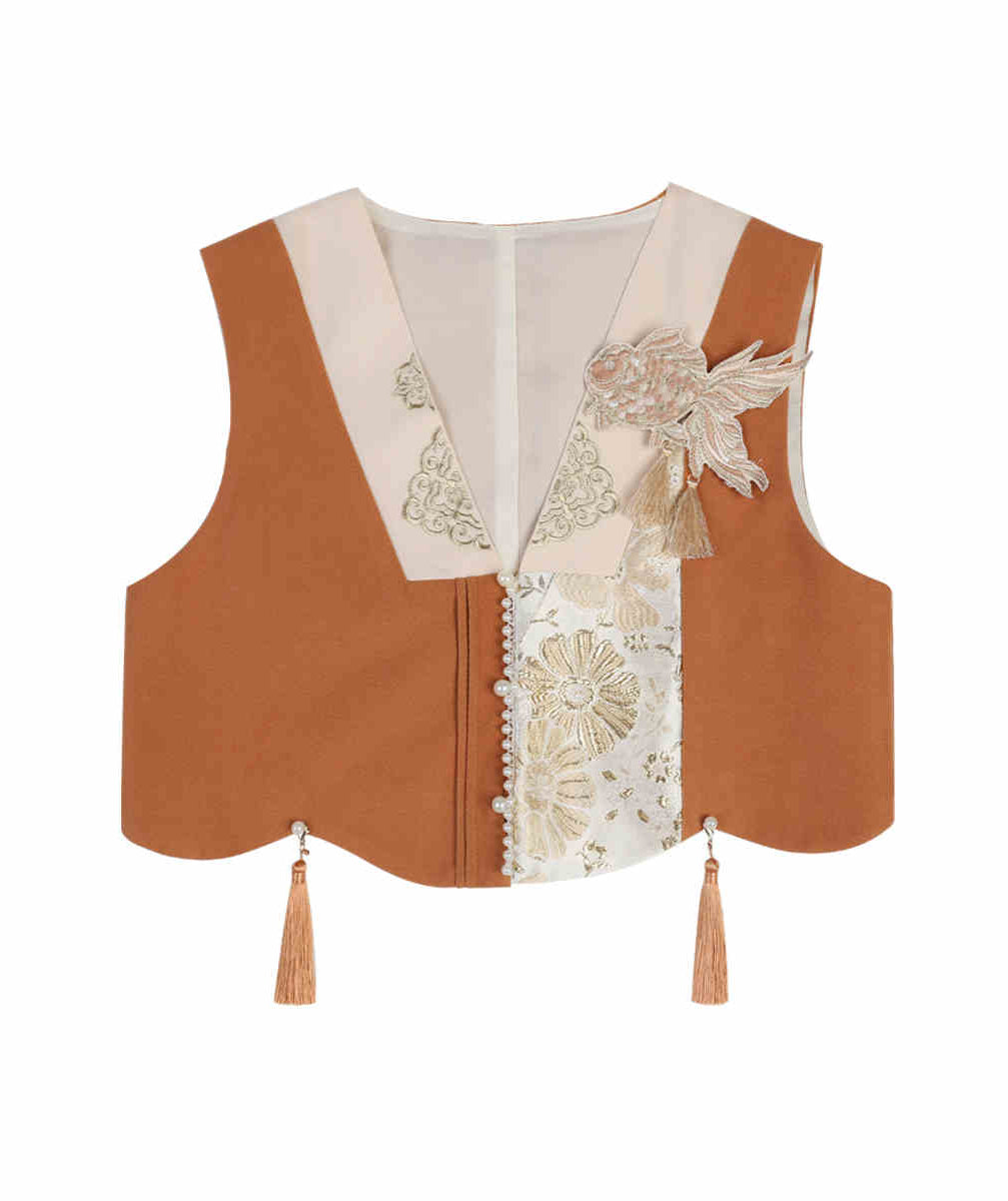 Gold Woven Horse Face Vest Shirt Set