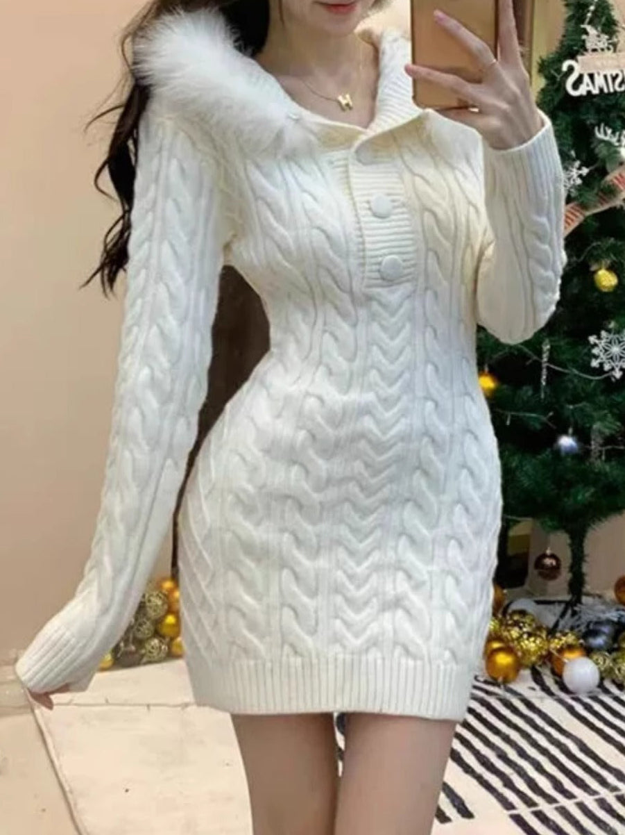 Christmas hooded fur collar knitted dress