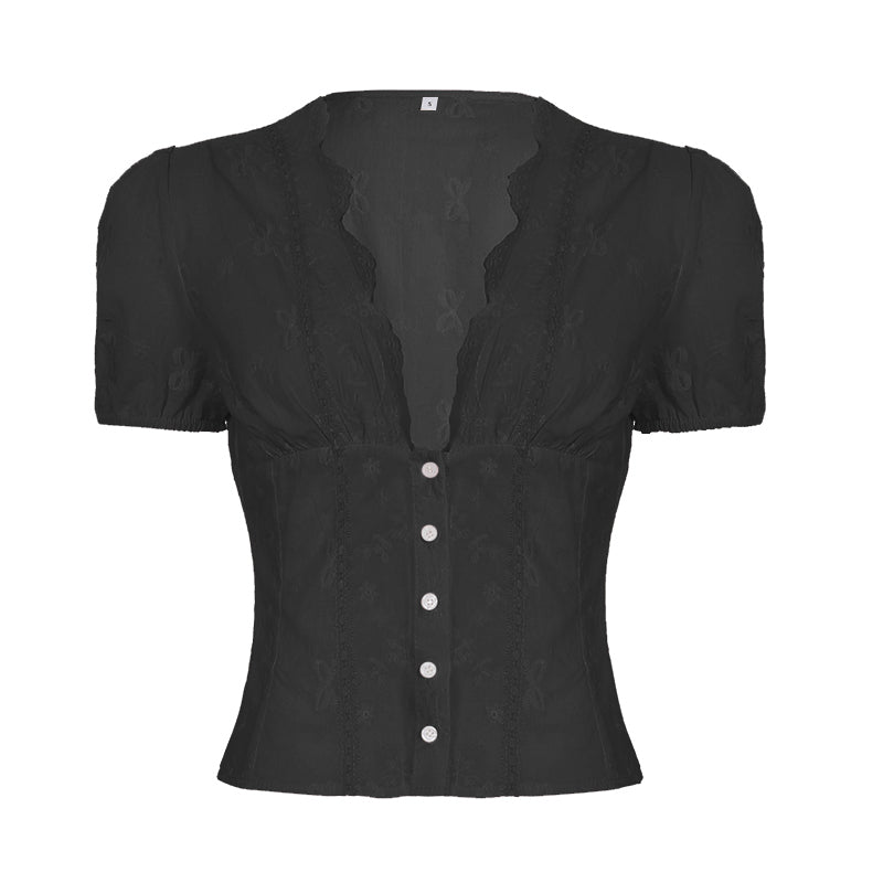 Bow V-neck Lace Shirt
