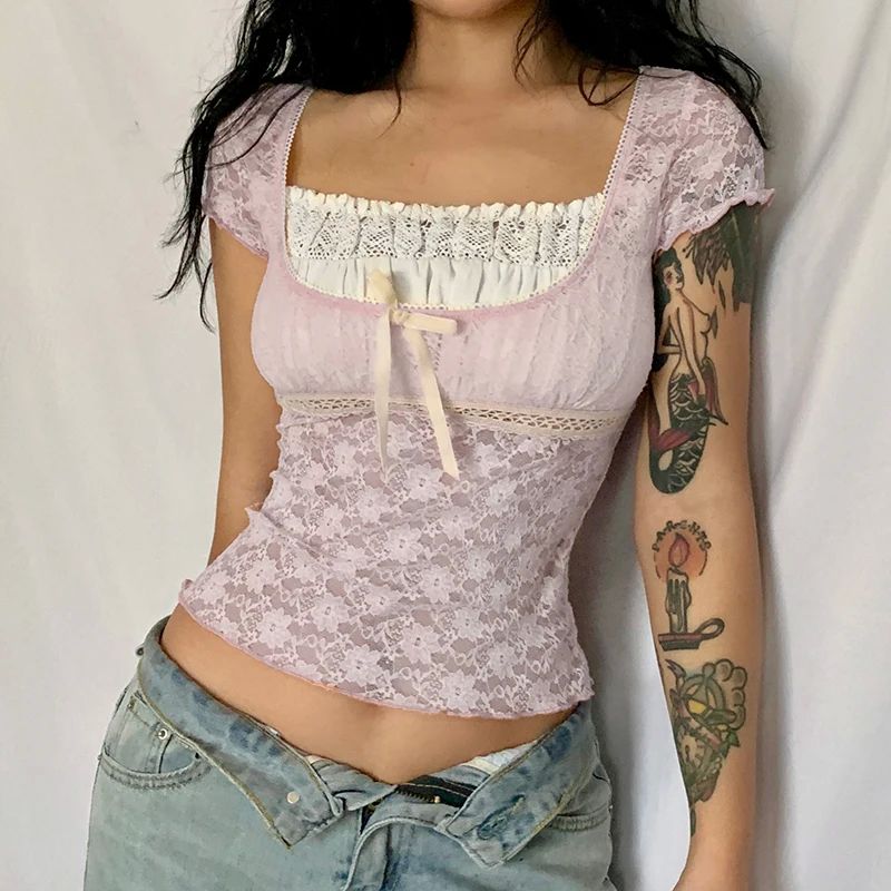 Korean Kawaii Patchwork Women T-shirt Y2K Aesthetic Vintage