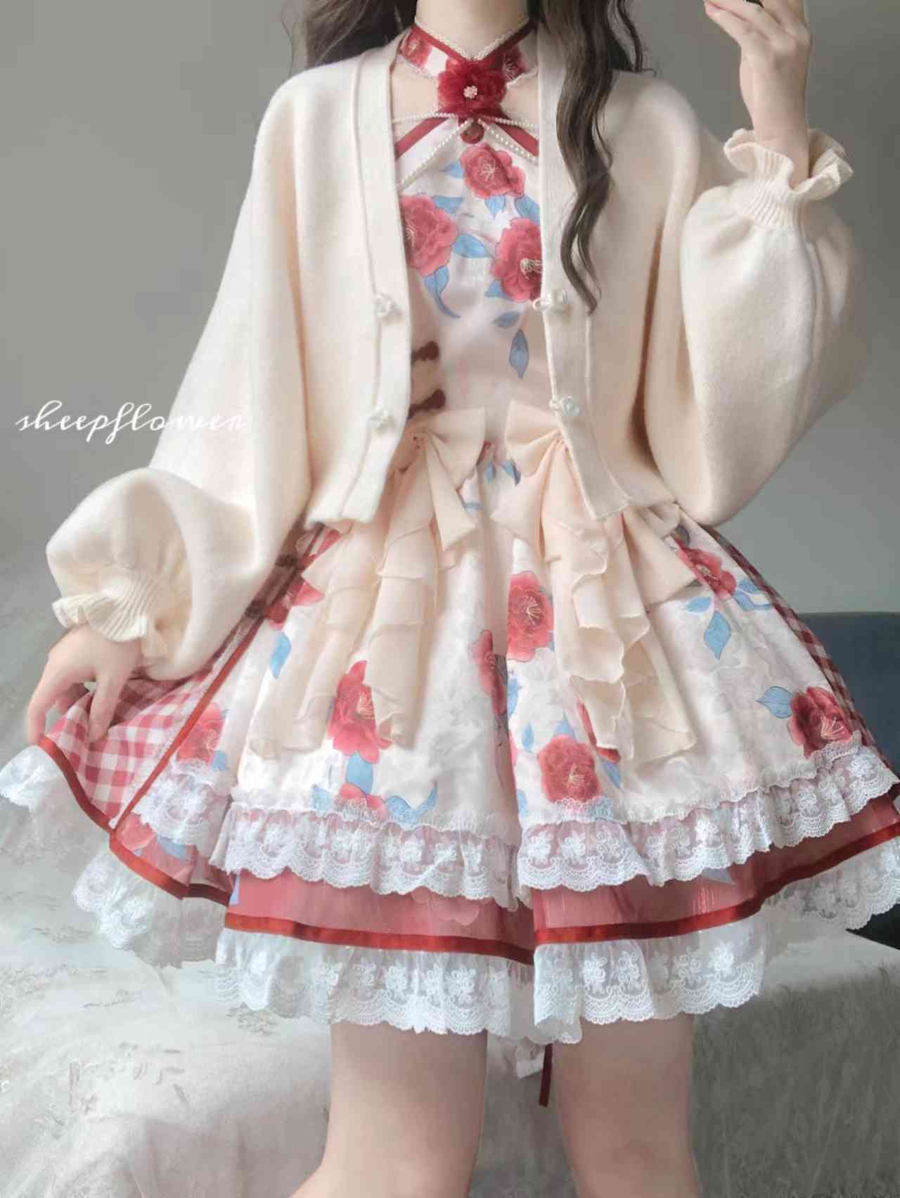 Rose Print Lace Hem Cheongsam Dress