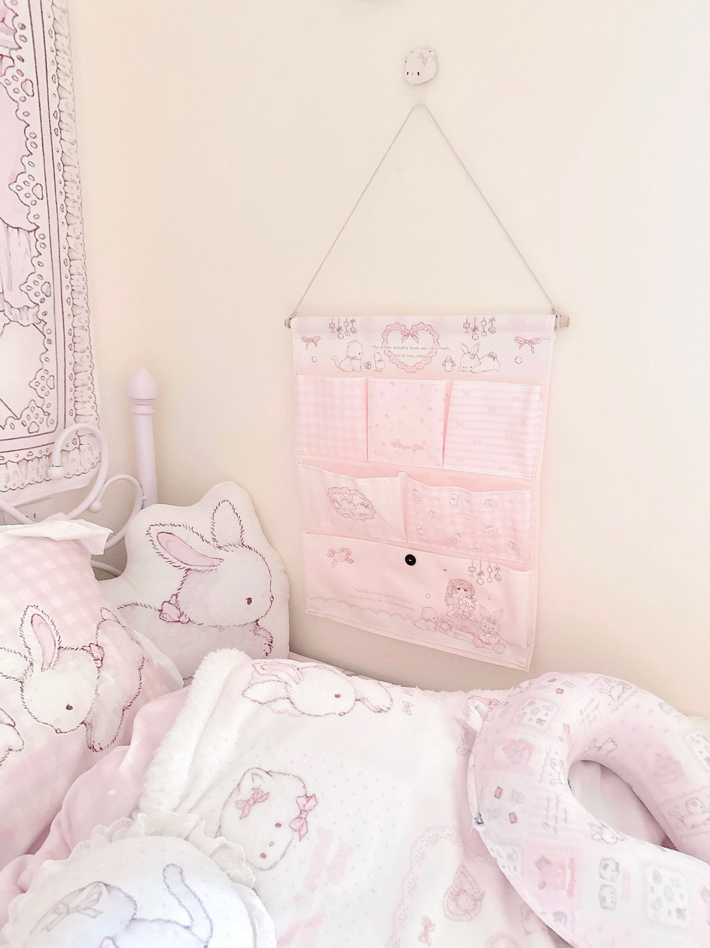 kawaii wall-mounted storage bag Pink and white six-pocket buckleless hanging storage bag 38cm*49cm (free punching and sticky hooks included)
