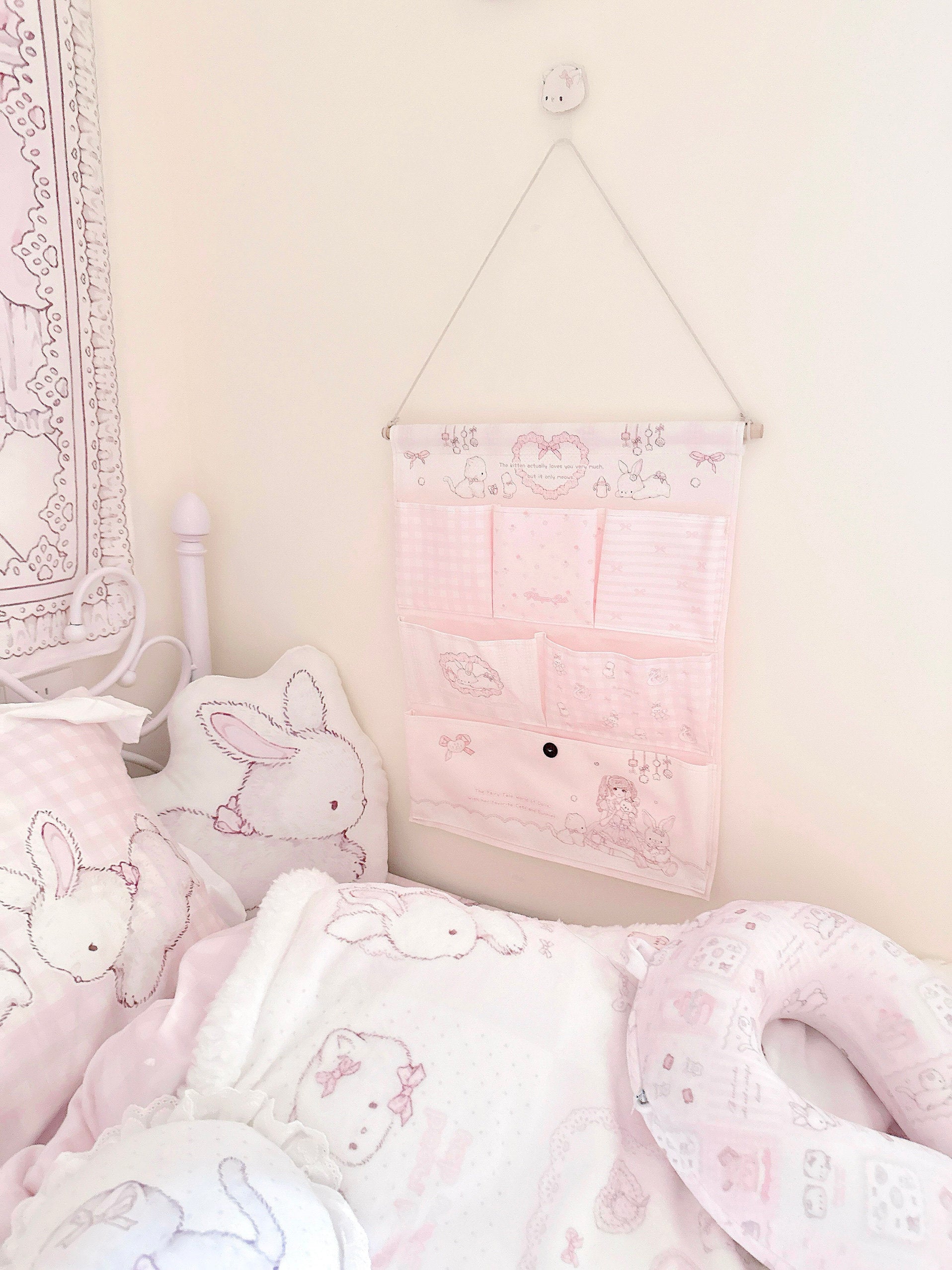 kawaii wall-mounted storage bag Pink and white six-pocket buckleless hanging storage bag 38cm*49cm (free punching and sticky hooks included)