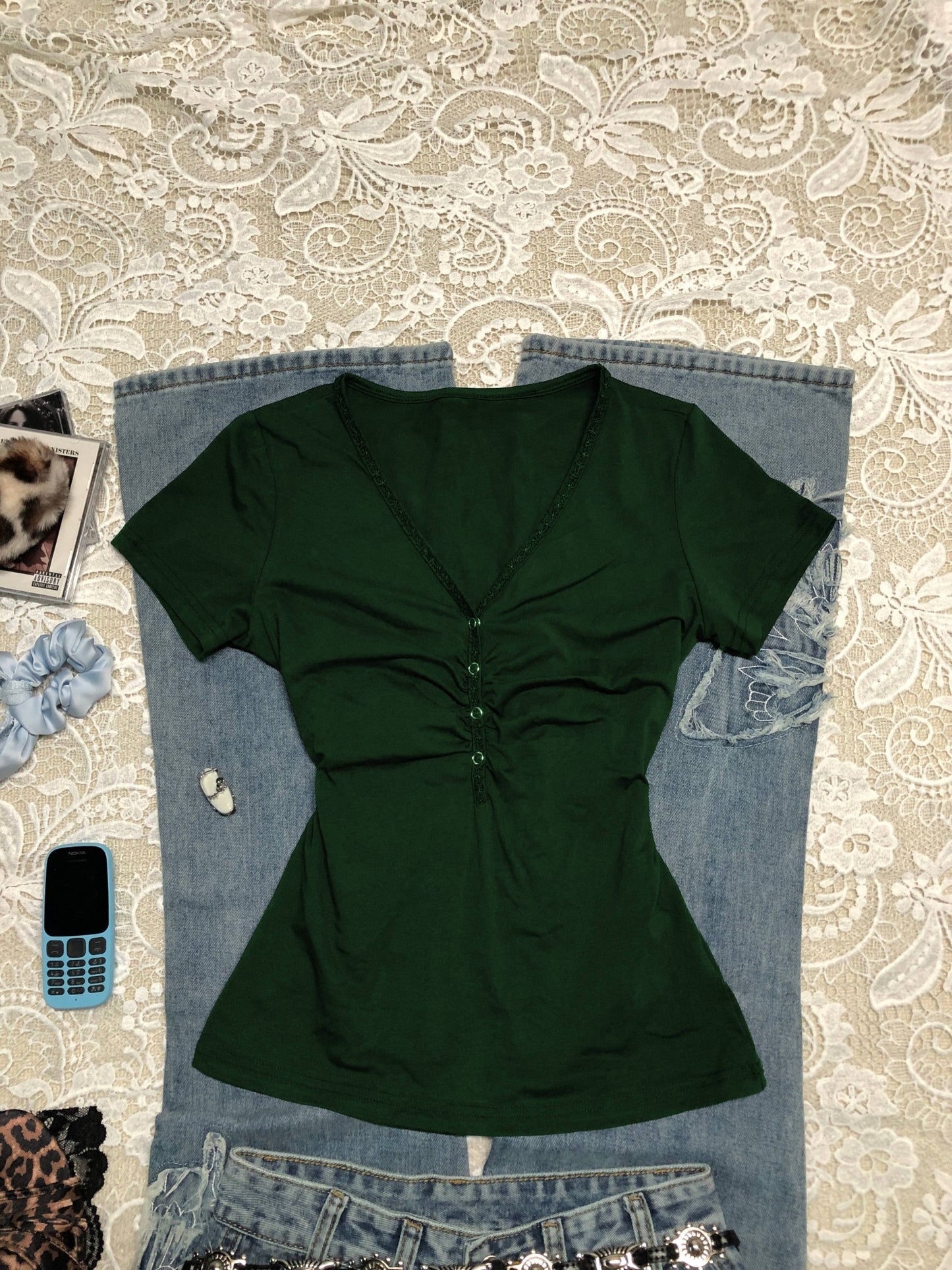 Pleated V-neck T-shirt