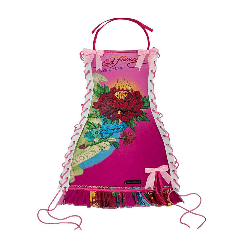 Y2K Skull Letter Halter Tie-Up Dress
