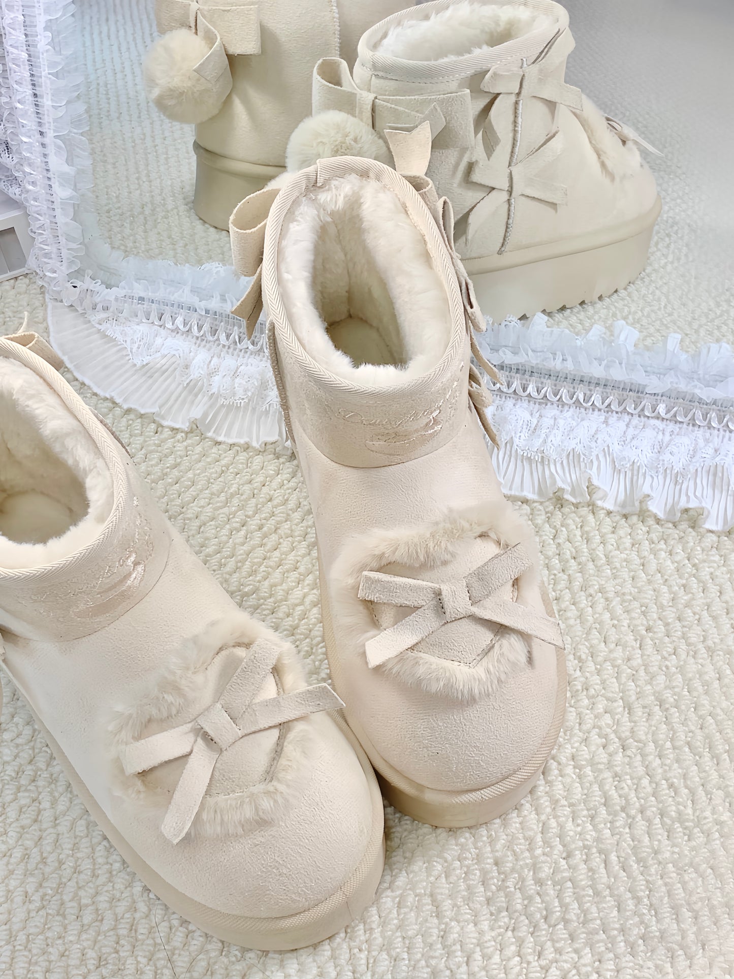 pink velvet heart-knot thick-soled snow boots