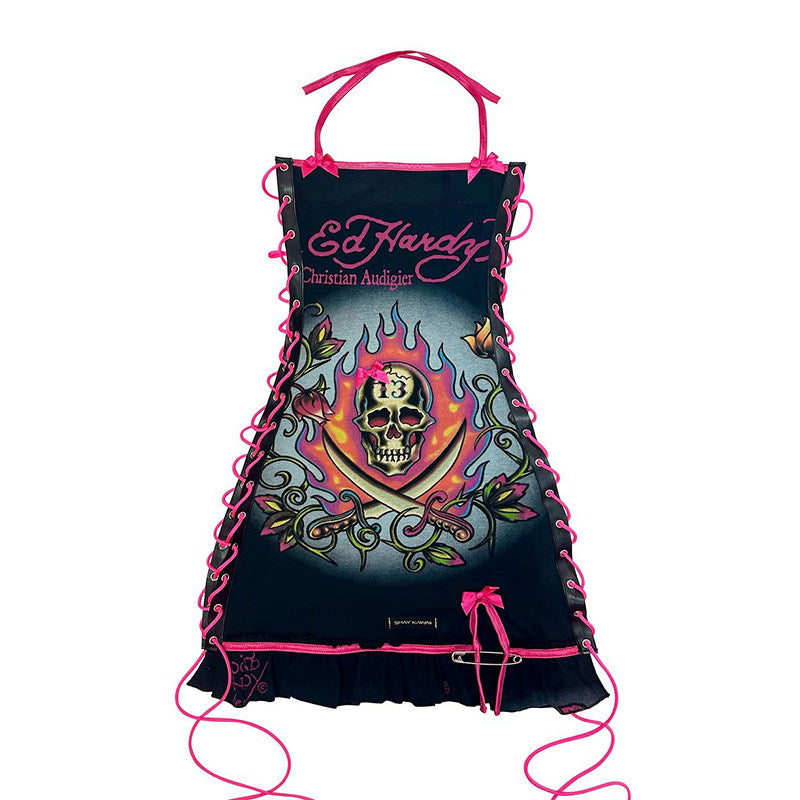 Y2K Skull Letter Halter Tie-Up Dress