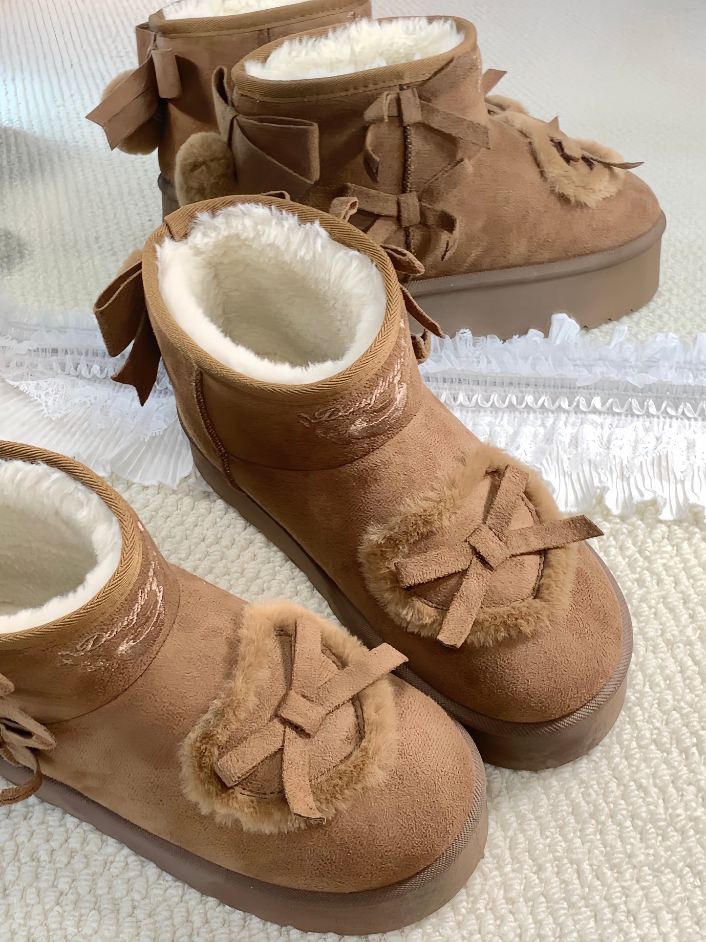 pink velvet heart-knot thick-soled snow boots