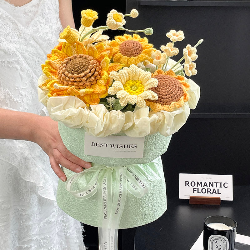 Hand-knitted crocheted wool flowers bouquets