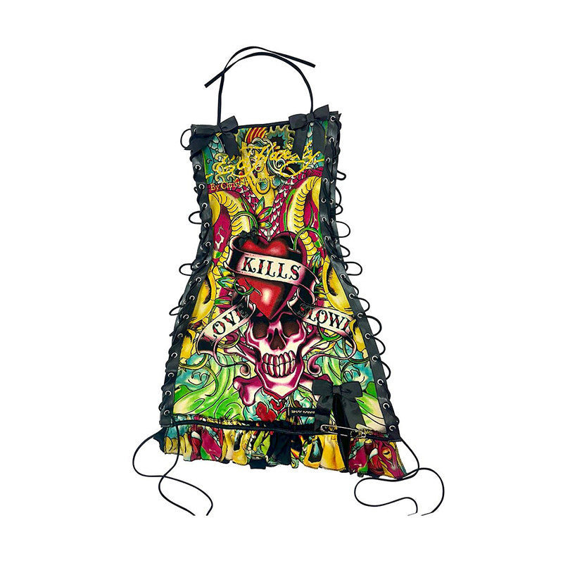 Y2K Skull Letter Halter Tie-Up Dress